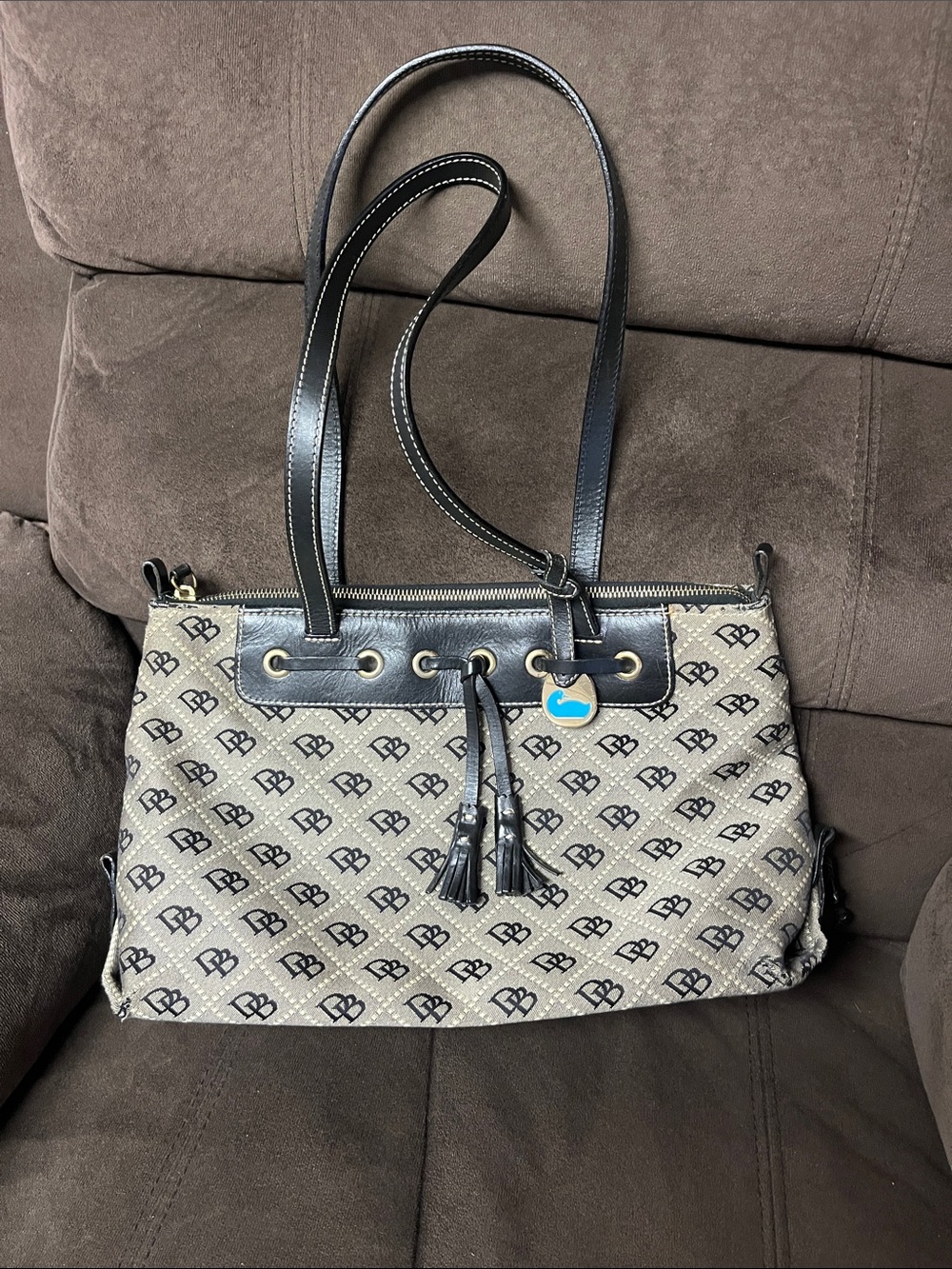 Dooney & Bourke Beige Monogram Shoulder Bag with Black Trim